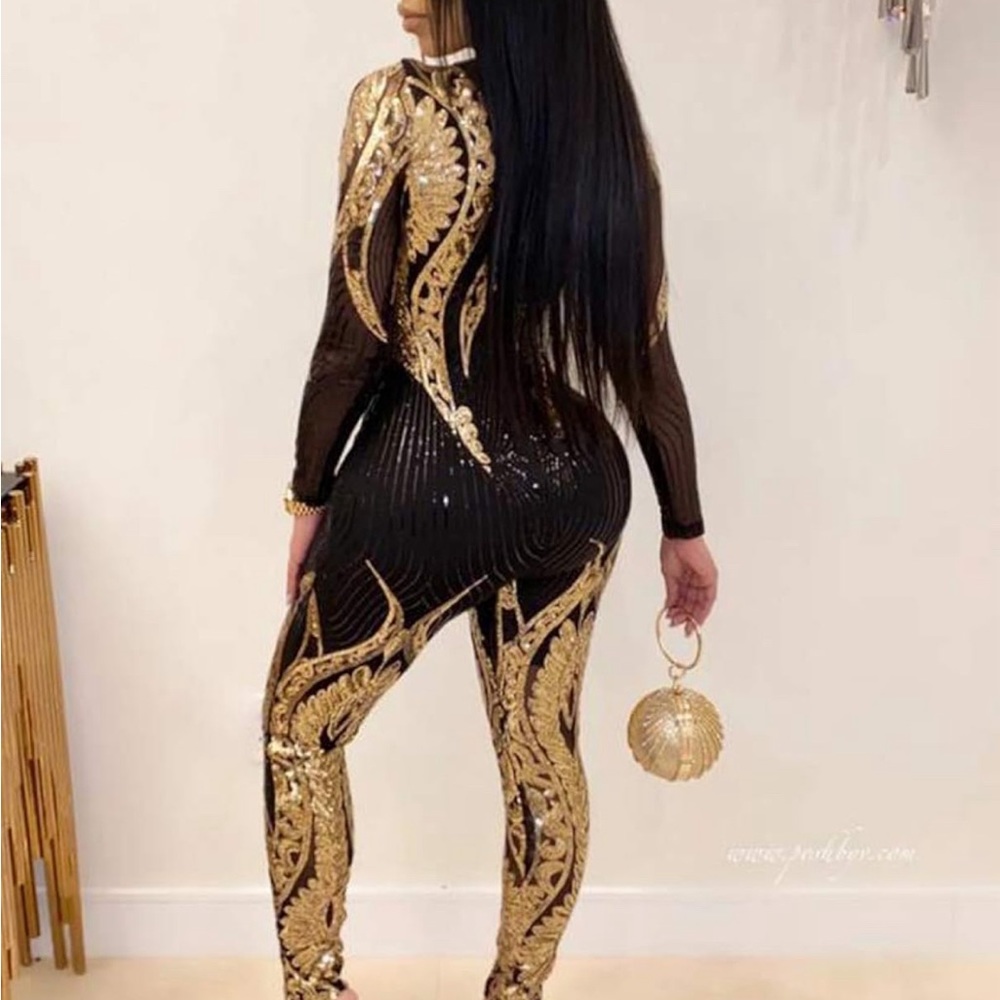 New Women Sequins and mesh Bodycon Long Jumpsuit